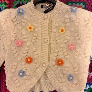 WD.NY Cream Cardigan with Colorful Floral Accents